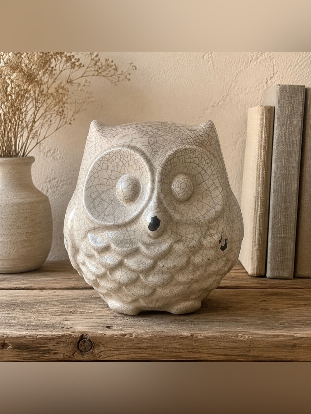 Cream Ceramic Owl Figurine Crackle Glaze Rustic Farmhouse Decor